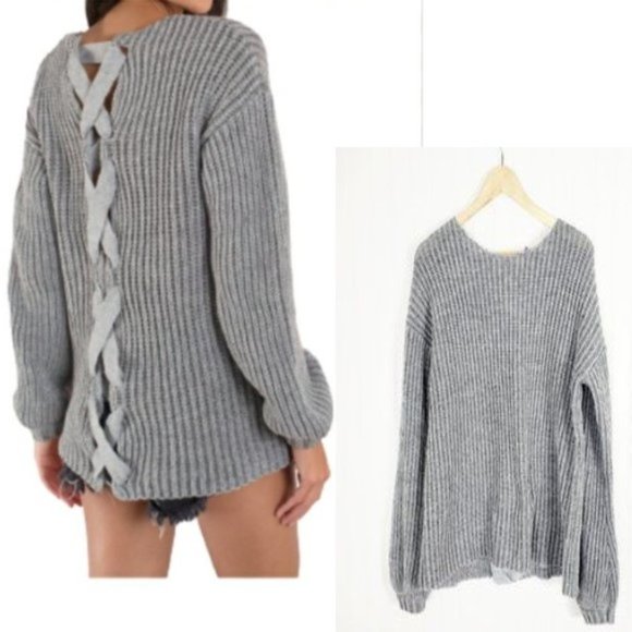 Tobi Sweaters - TOBI LACE-UP OPEN BACK GRAY CREWNECK SWEATER EUC